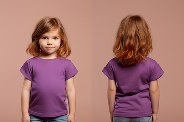 Front and back views of a little girl wearing a purple T-shirt