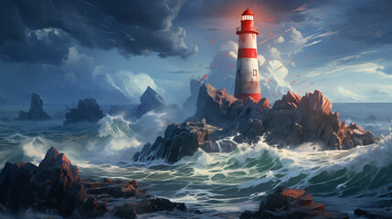 Lighthouse on a rocky island with raging rocks. - obrazy, fototapety, plakaty