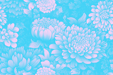 Fototapeta na wymiar 青とピンクの菊の花のテキスタイルパターン