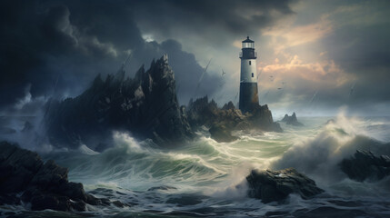 Lighthouse on a rocky island with raging rocks. - obrazy, fototapety, plakaty