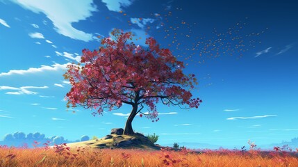 vibrant tree standing tall under a clear blue sky in a realm