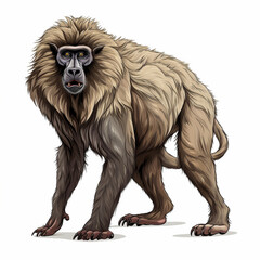 Baboon full body , black outline, natural colors ,comic drawing, on white background