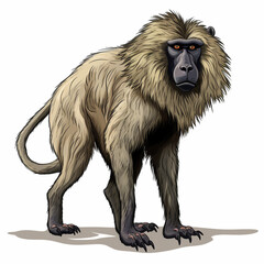 Baboon full body , black outline, natural colors ,comic drawing, on white background