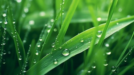 Drops of water land on the field grass stalks.Natural plant texture in shades of green. herbal foundation.lovely dewdrops on foliage.Plant silhouettes. After the rain, the field - obrazy, fototapety, plakaty