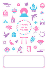 日本のお正月アイコンが並んだ年賀状デザイン