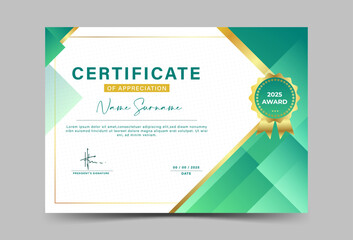 Bright green and gold geometric effect achievement certificate template. vector illustration