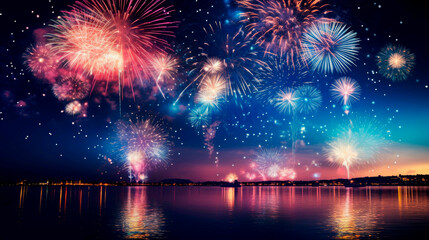 Fototapeta na wymiar Vibrant fireworks display against twilight sky, festive background. 