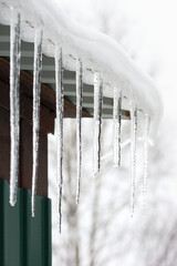 Large ice icicles under the roof. Poster for winter interior. Icicles symbolize cold and winter.