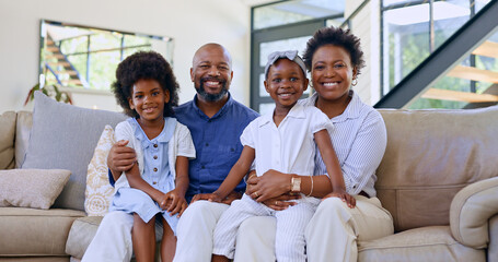 Black family, father or portrait of mother with happy kids in home to relax on holiday vacation with care. Smile, proud mom or African dad bonding with girl siblings, love or children in living room - obrazy, fototapety, plakaty