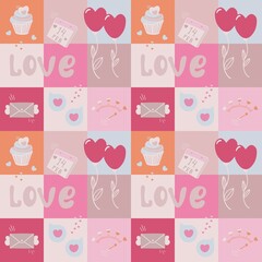 Seamless pattern for Valentine's Day and Valentine's Day with geometric background in the form of squares.