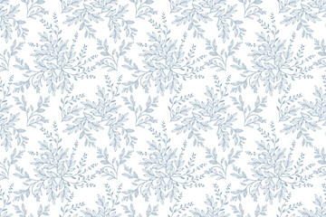 Abstract blue on white seamless pattern with leaves. Toile De Jouy banner. Two-color vector floral pattern. Design for wallpaper, wrapping paper, background, fabric. - obrazy, fototapety, plakaty