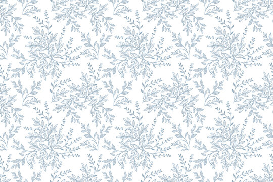 Abstract blue on white seamless pattern with leaves. Toile De Jouy banner. Two-color vector floral pattern. Design for wallpaper, wrapping paper, background, fabric.