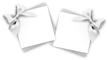 gift greeting card with silver bright ribbon bow Isolated on transparent background, top view, copy space for label price ticket, Christmas, mother or father and valentine day, or shopping template