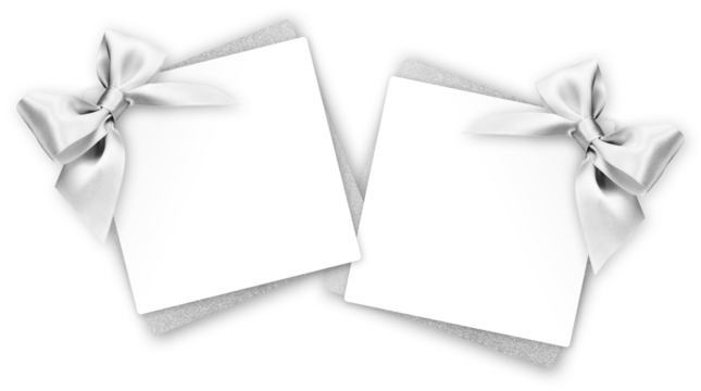 gift greeting card with silver bright ribbon bow Isolated on transparent background, top view, copy space for label price ticket, Christmas, mother or father and valentine day, or shopping template