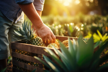 A farmer is putting Pineapple in a basket in the garden