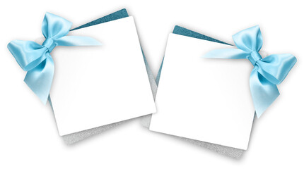 gift greeting card with blue bright ribbon bow Isolated on transparent background, top view, copy space for label price ticket, Christmas, mother or father and valentine day, or shopping template
