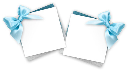 gift greeting card with blue bright ribbon bow Isolated on transparent background, top view, copy...