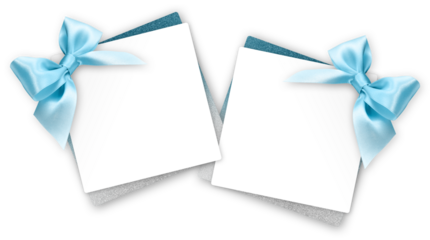 gift greeting card with blue bright ribbon bow Isolated on transparent background, top view, copy space for label price ticket, Christmas, mother or father and valentine day, or shopping template