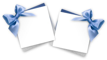 gift greeting card with blue bright ribbon bow Isolated on transparent background, top view, copy space for label price ticket, Christmas, mother or father and valentine day, or shopping template