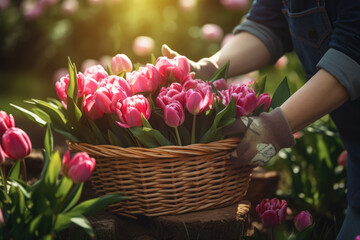 A gardener is putting Tulip in a basket in the garden