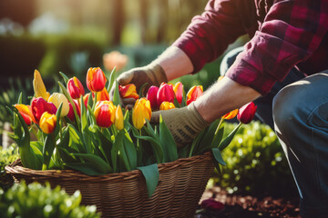 A gardener is putting Tulip in a basket in the garden - obrazy, fototapety, plakaty