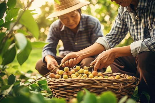 A farmer is putting longan in a basket in the garden