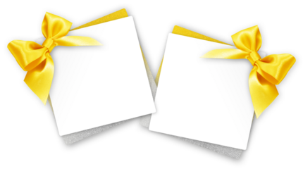 gift greeting card with golden bright ribbon bow Isolated on transparent background, top view, copy space for label price ticket, Christmas, mother or father and valentine day, or shopping template