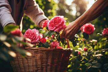 Obraz premium A gardener is putting rose in a basket in the garden