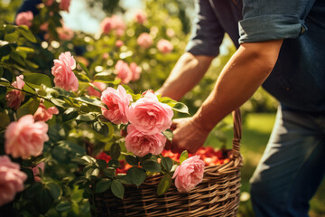 A gardener is putting rose in a basket in the garden