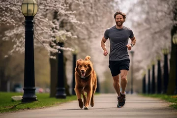 Rolgordijnen Running man jogging with his dog in the park. Healthy lifestyle. © igolaizola