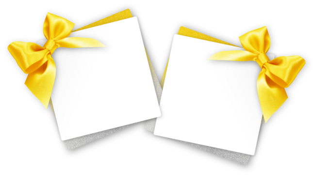 gift greeting card with golden bright ribbon bow Isolated on transparent background, top view, copy space for label price ticket, Christmas, mother or father and valentine day, or shopping template