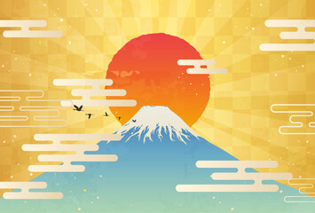 富士山と初日の出のイラスト_横1 - obrazy, fototapety, plakaty