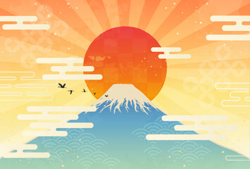 富士山と初日の出の和柄イラスト_横1