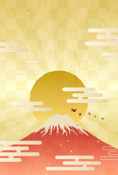 赤富士山と初日の出のイラスト_縦1