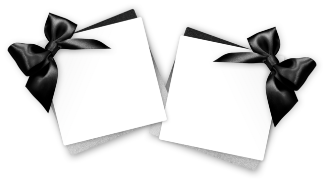 gift greeting card with black bright ribbon bow Isolated on transparent background, top view, copy space for label price ticket, Christmas and black Friday shopping or father's day present template