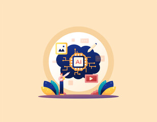 artificial intelligence technology or AI. create and edit an image or video with AI assistance. Create content only by text. technological progress. Cartoon or flat illustration concept design