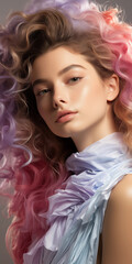 Wunderschönes Model Gesicht einer Frau mit atemberaubenden Makeup und bunt gefärbten Haaren Nahaufnahme, ai generativ