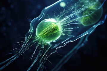 A close up of a cell with a green ball. Generative AI. - obrazy, fototapety, plakaty
