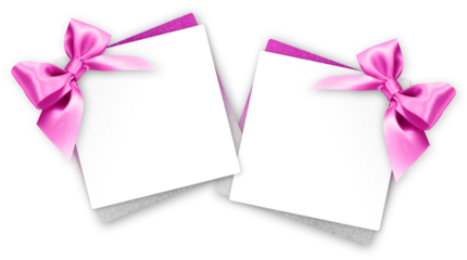 gift greeting card with pink bright ribbon bow Isolated on transparent background, top view, copy space for label price ticket, Christmas and Easter shopping or mother's day present template