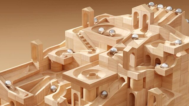 Satisfying Wooden Marble Run Toy Video. Marble Machine with Wooden Blocks and Warm Lighting. Vintage Rolling Ball Sculpture. 3D Rendering
