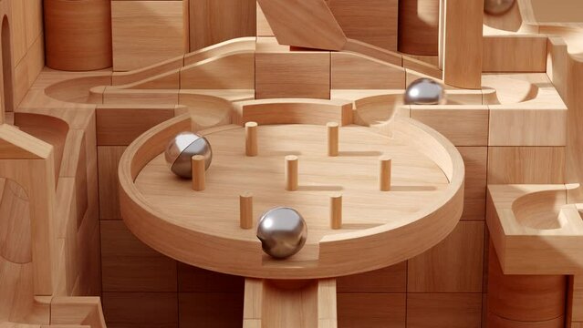 Satisfying Wooden Marble Run Toy Video. Marble Machine with Wooden Blocks and Warm Lighting. Vintage Rolling Ball Sculpture. 3D Rendering

