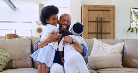 Love, hug and happy black family on a sofa with care, trust and bond at home together. Smile,...