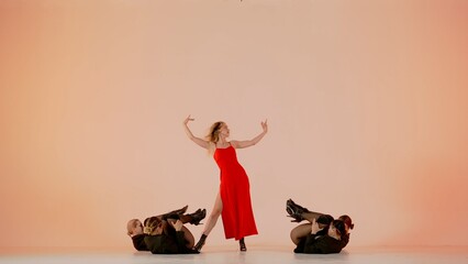 Framed against a pink background. Collective of young women in revealing clothing. Demonstrating a...