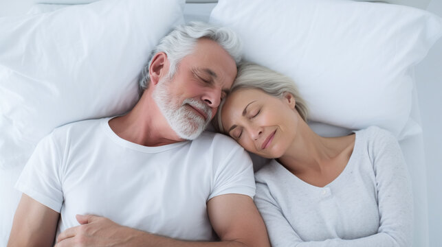 caucasian senior couple sleeping relaxed together in a bed	
