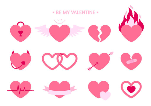 Love heart icon saint valentine day doodle flat set. Pink enchanted lock angel broken heart separation devil wedding amur cupid arrow cardio pulse ribbon congrats pendant patch reconcile isolated