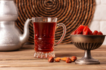 Turkish delight sweets on plate with Turkish tea.