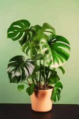 Close up of large leaf house plant Monstera deliciosa in a flower pot on a colorful background, home gardening and connecting with nature. Interior minimalism and urban jungle concept
