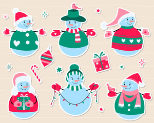 Set of winter holidays snowman. Christmas and New Year's stickers. Cartoon vector graphics isolated on white background.