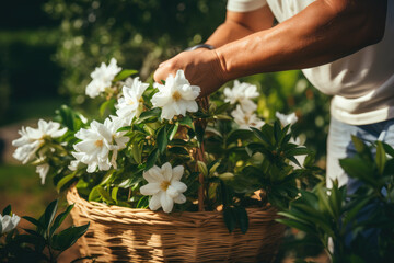 A gardener is putting jasmine in a basket in the garden
