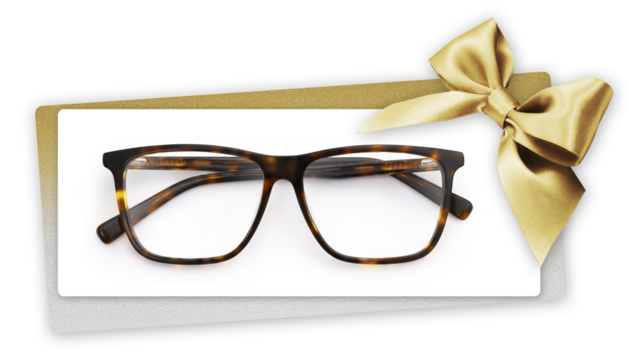 glasses Christmas gift card with shiny golden ribbon bow, eyewear isolated on white ticket, copy space template for promotional and shopping banner or sale price offer label, maculated spectacles